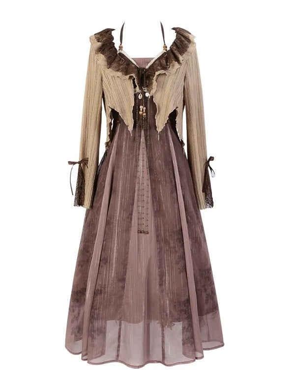 Ethnic style camisole dress + ruffle short cardigan