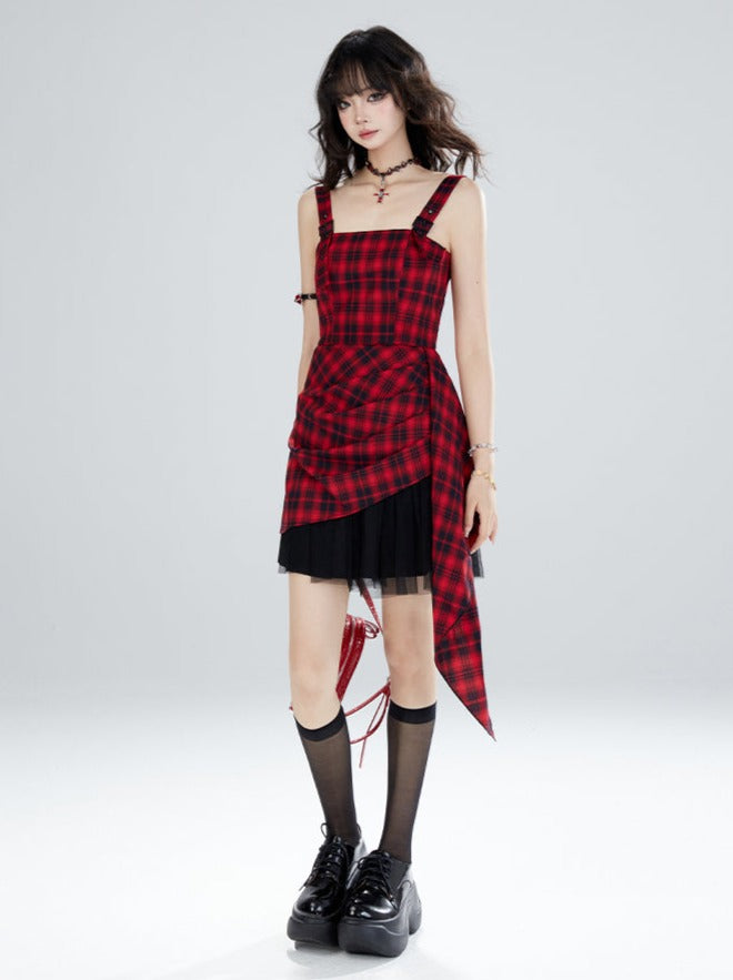 Retro Check Waist Slim Suspender Dress