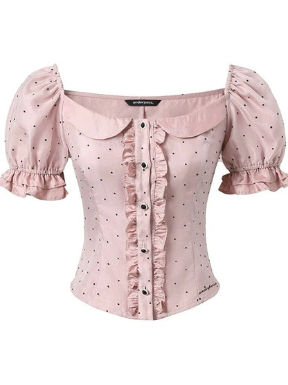 Ruffle Sweet Dot Puff Sleeve Top + Lace-Up High Waist Skirt