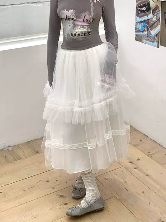 Nancy Spring/Summer 2024 New Glossy Romantic Lace Mesh Skirt Elasticated Waist A-Line Cake Skirt