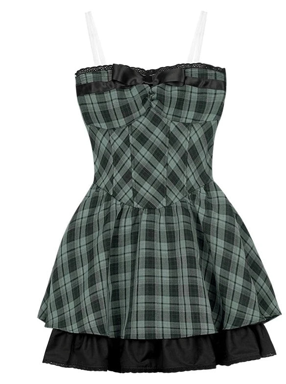 Dark-colored Checked Camisole Dress