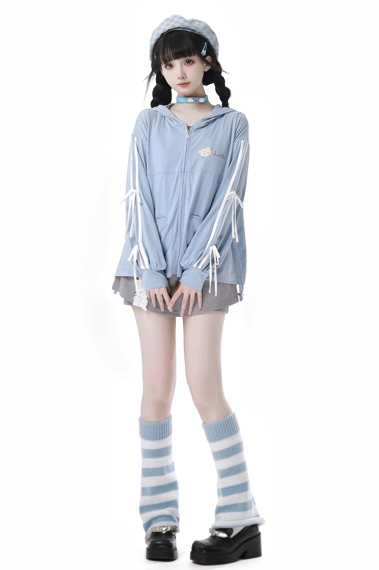 Powder Blue Suspender Cardigan And Skirt Set-Up