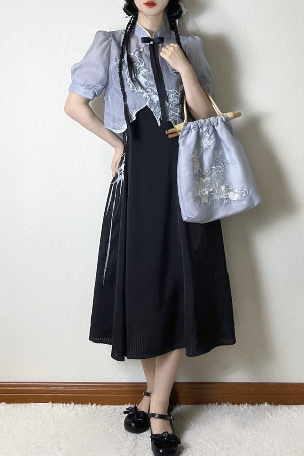 Sheer short china shirt + suspender dress [short and long] + bag