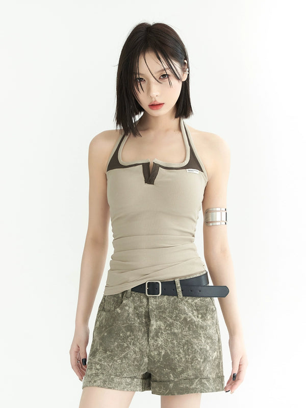 Stitched contrast color halter vest + inner camisole