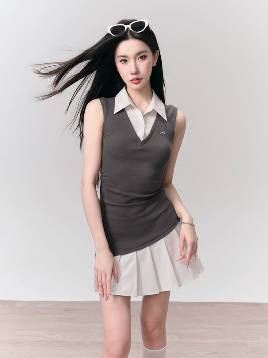 Faux Two Piece Pleated Shirt Vest Dress