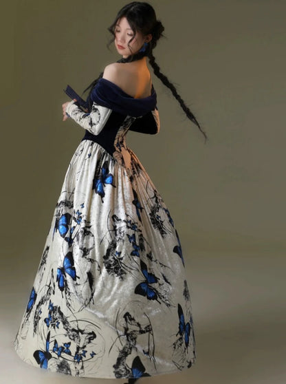 One-Shoulder French Velvet Printed Dress