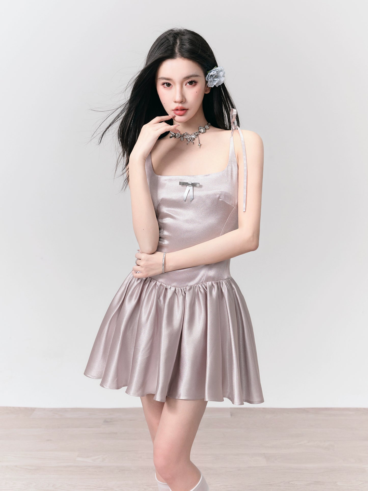 Fragileheart Fragile Shop Champagne Latte Original Silver Pink Tone Streamer Slip Dress Resort Princess Dress