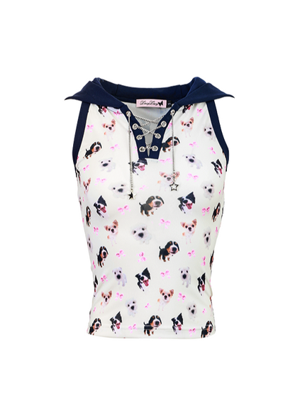 Dog Sleeveless Hooded Top + Side Ribbon Shorts