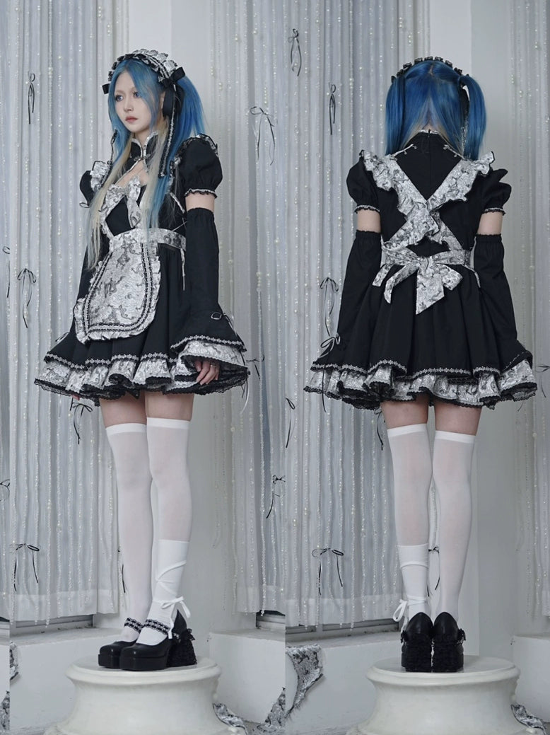 Silver Dragon Maid Gothic Dress + Apron + Arm Covers