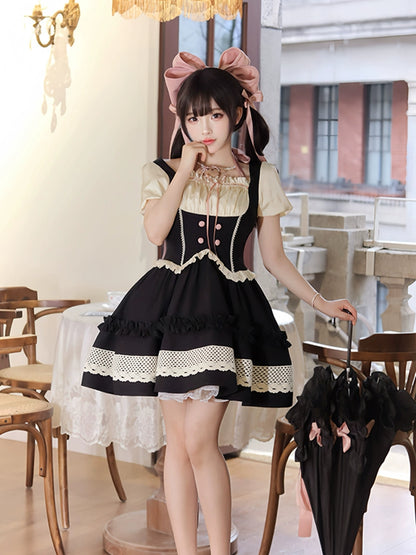 Black Pink Faux Two Piece Dress + Big Ribbon