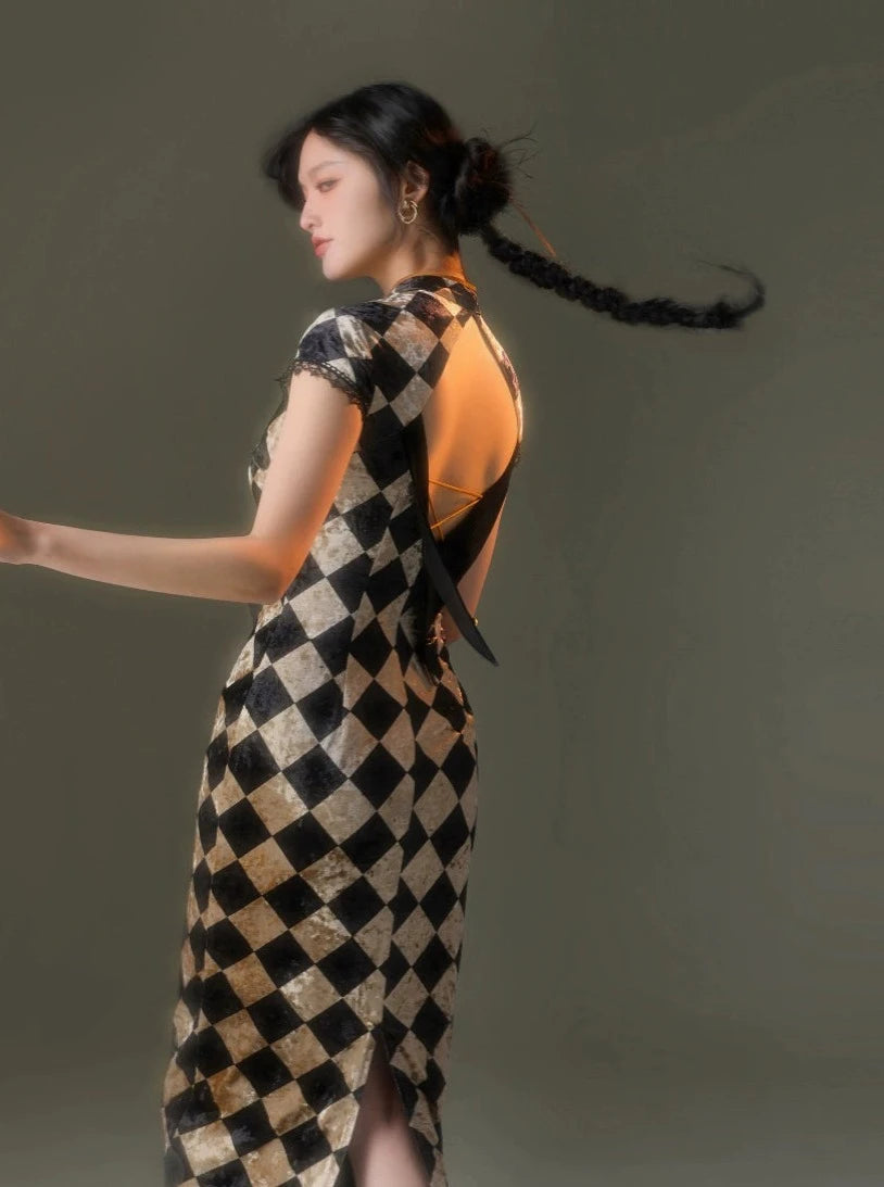 Retro Plaid Velvet Cheongsam Dress