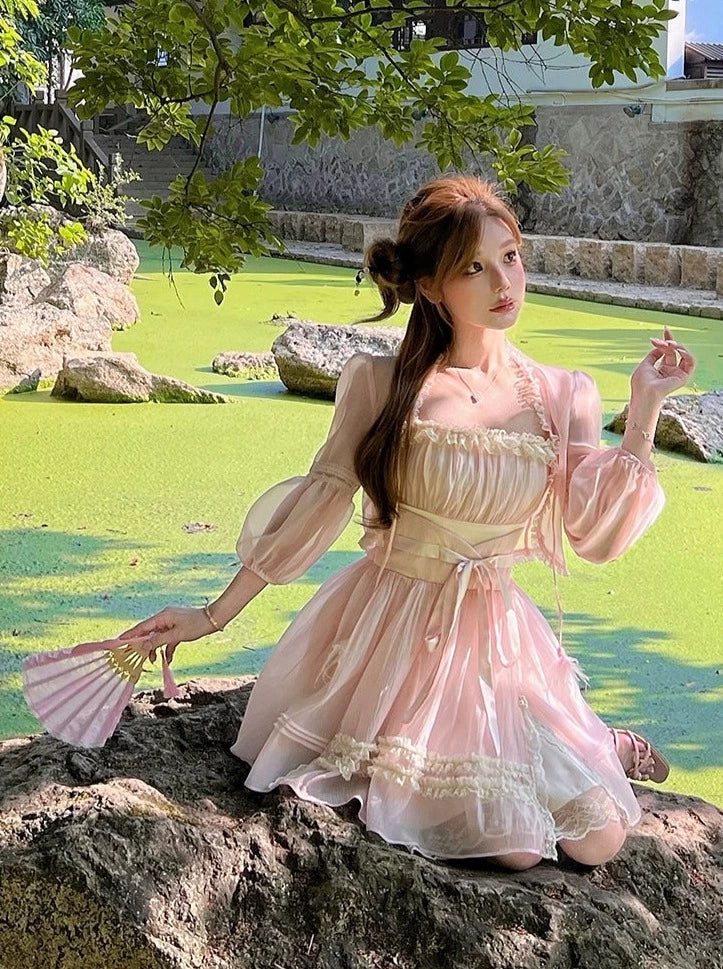 Girly Chinese-Style Sheer Short Cardigan + Waist Ribbon Dress – Belchic Girly Chinese-Style Sheer Short Cardigan + Waist Ribbon Dress – Belchic