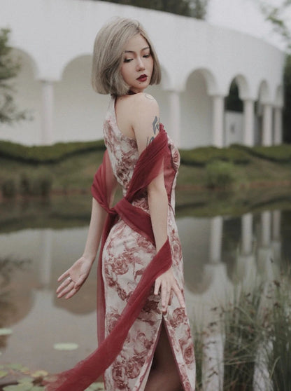 Four catties of homemade Nile Garden New Chinese Streamers Niche Off-the-shoulder Modified Long Original Cheongsam Dress