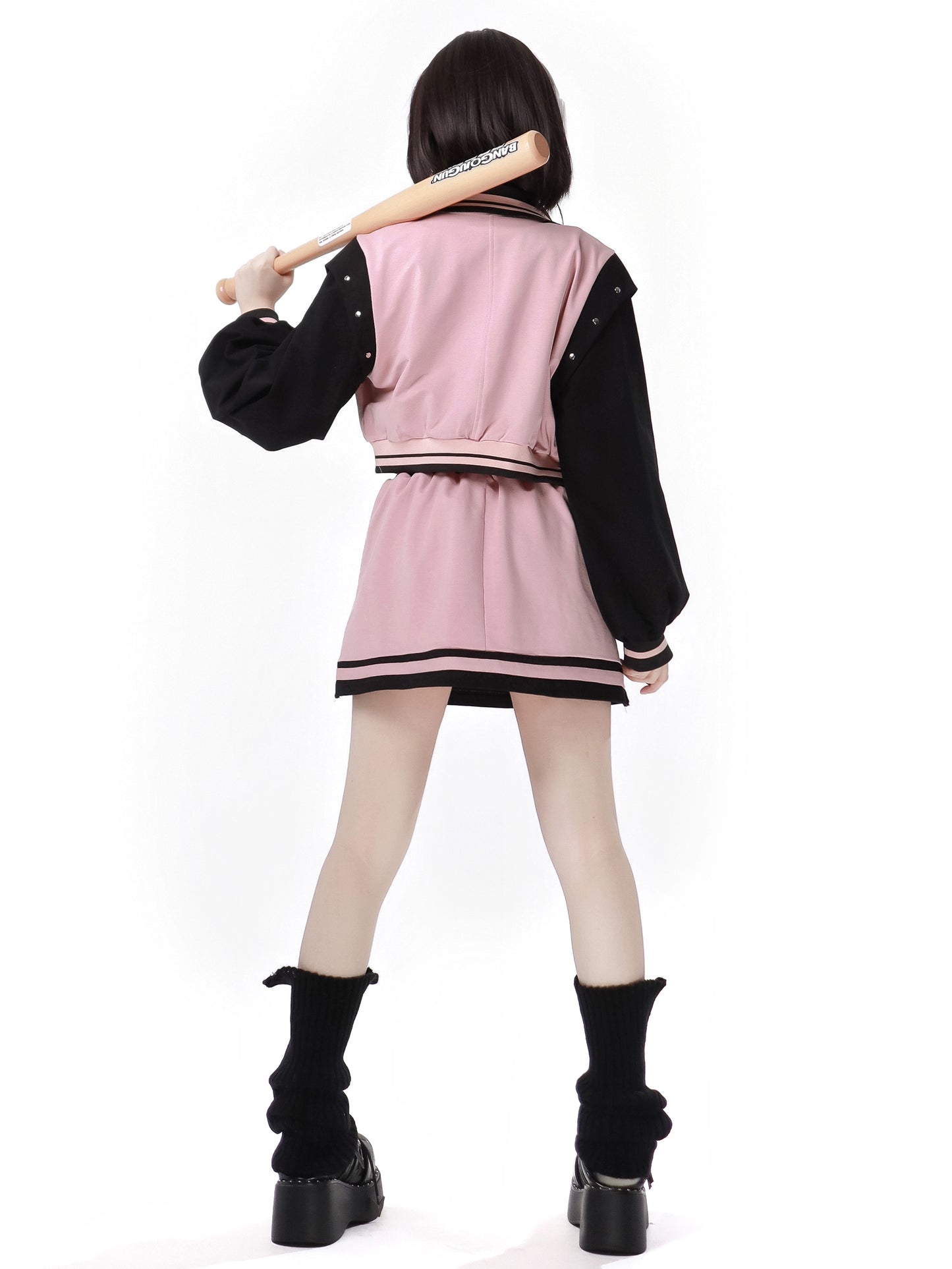 Pinksavior [Starry Light Year] high-quality pink college baseball jersey jacket and skirt underneath