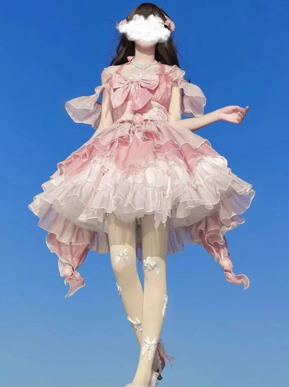 핑크 플라워 웨딩 로리타 드레스 JSK 로리타 화려한 우아한 트레일 푹신한 중공업 공주 드레스 매일