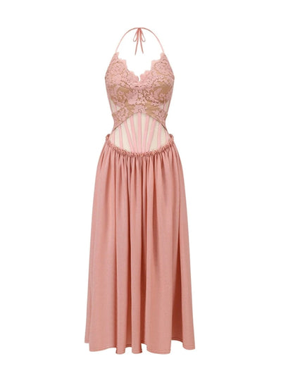 Pink Lace Halter Neck Long Dress