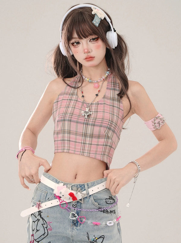 チェックスイートハートホルターネックショートタンクキャミソール