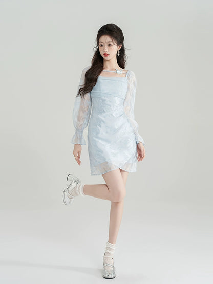Shiny Ice Blue French Dress