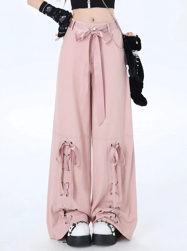 Satin ribbon loose lace-up pants