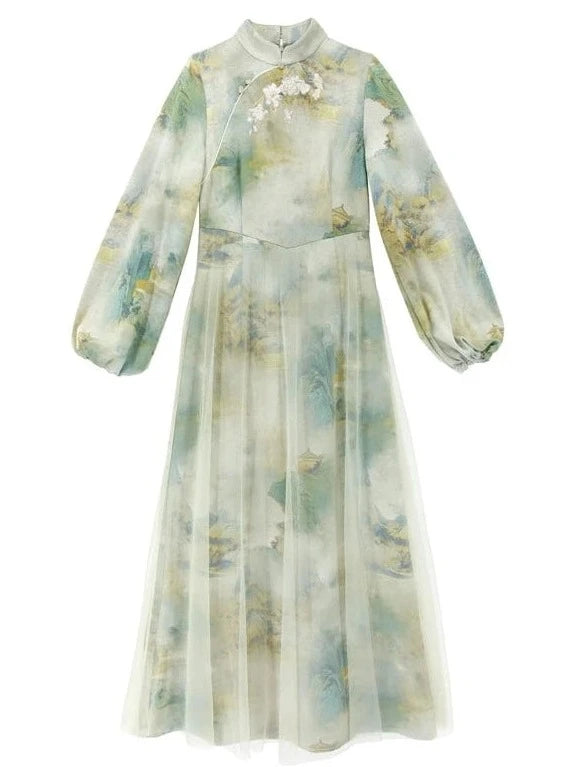 Marbled Green Half Neck China Dress