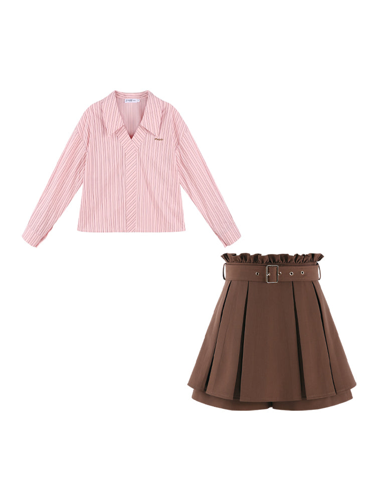 Pink stripe neck long sleeve shirt set