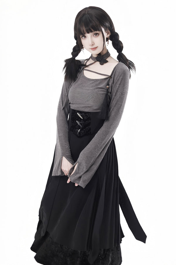 タッセルバックルロングスリーブスリムドレスセット