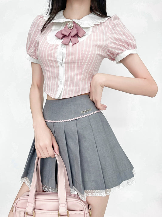 Ochaya limited milk peach can be salted and sweet, first love sweet and cute puff sleeve striped shirt pleated skirt two-piece set