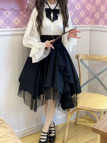 2023 새로운 일본 소프트 소녀 레트로 고딕 스타일 셔츠 불규칙한 튜닉 메쉬 SK 스커트 세트 여성 가을 드레스