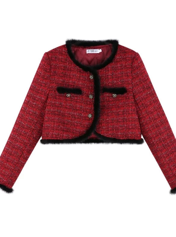 Short fur dark red coat + suspenders Dress