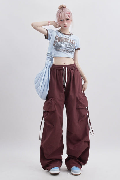 Red Retro Cargo Straight Leg Trousers