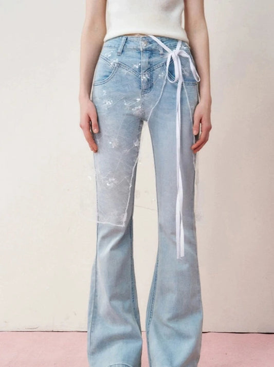 Kroche flagship store washed light blue bootcut jeans women's 2024 new high-waisted retro slim pants