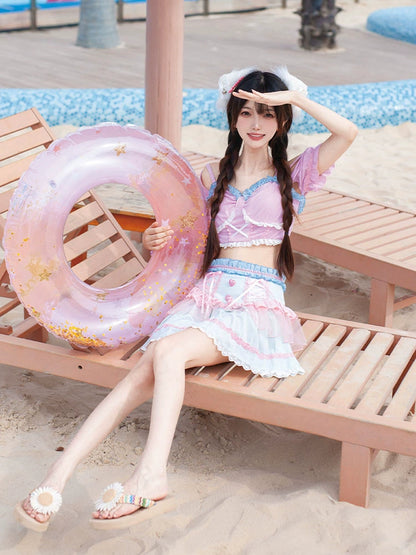 [现货] 温泉瘦身分体泳衣，沙滩上的可爱女孩，遮住手臂和腹部，裙子款式