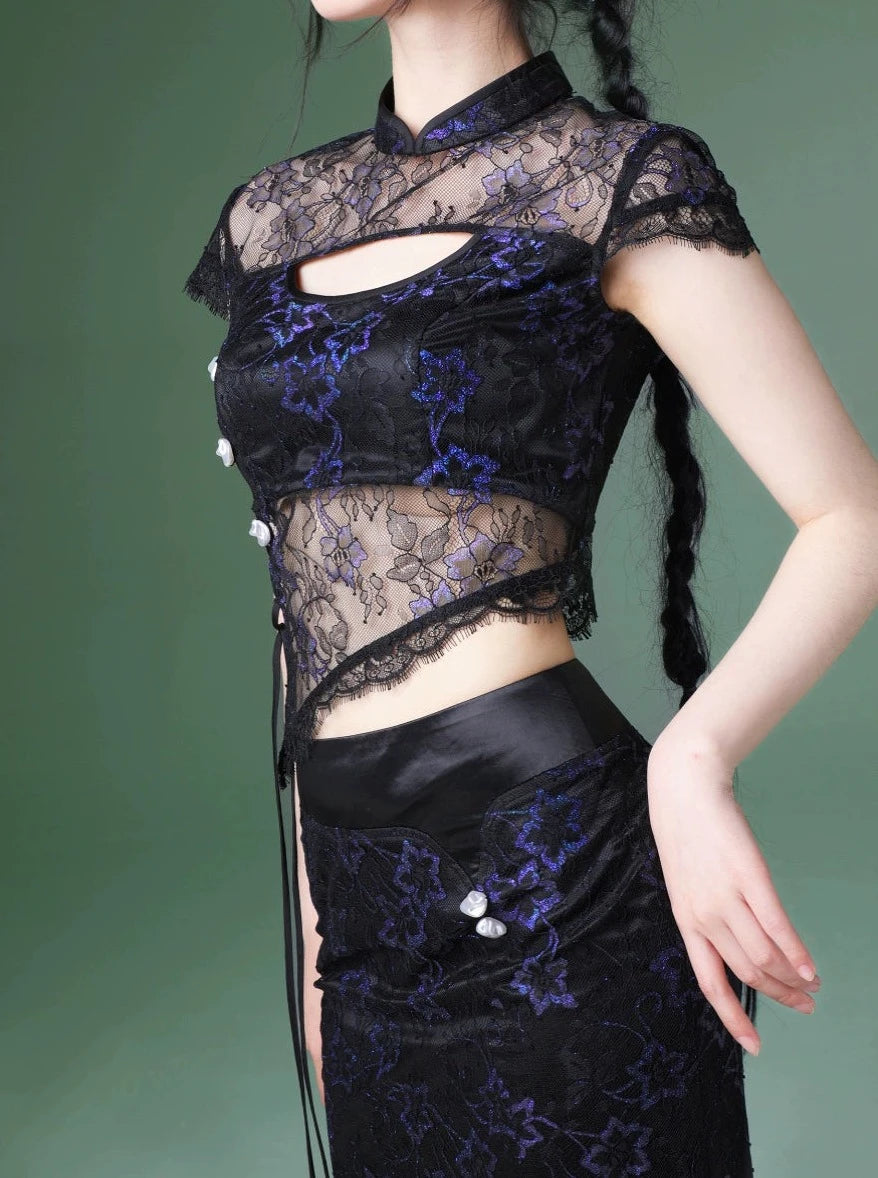 Dark mode lace top + tight skirt