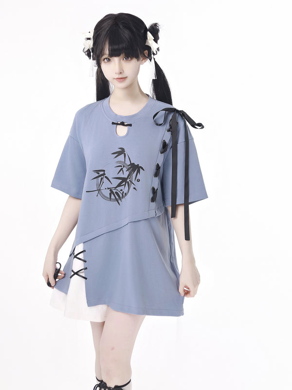 チャイナストラップステッチイレギュラーTシャツワンピース