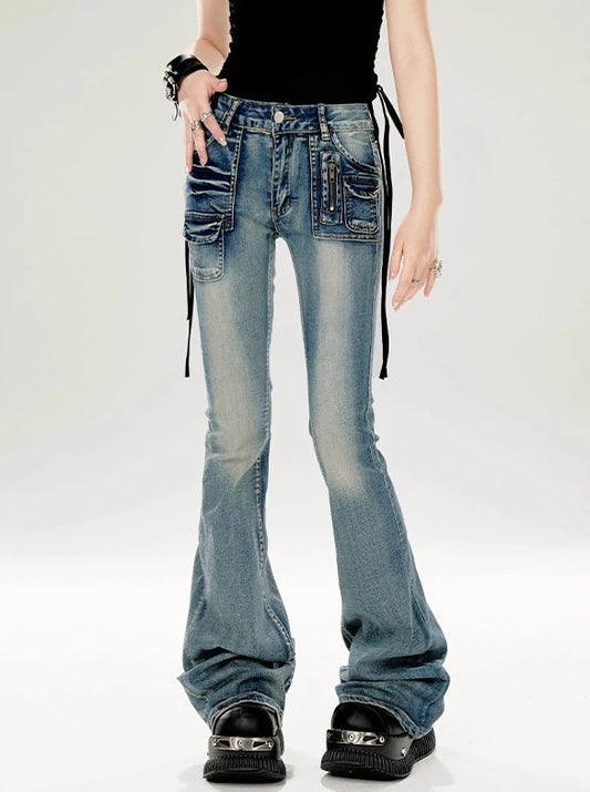 11SH97 American Washed Distressed Jeans Women's Summer Slim Slim Multi-Pocket Babes Slightly Flared Pants