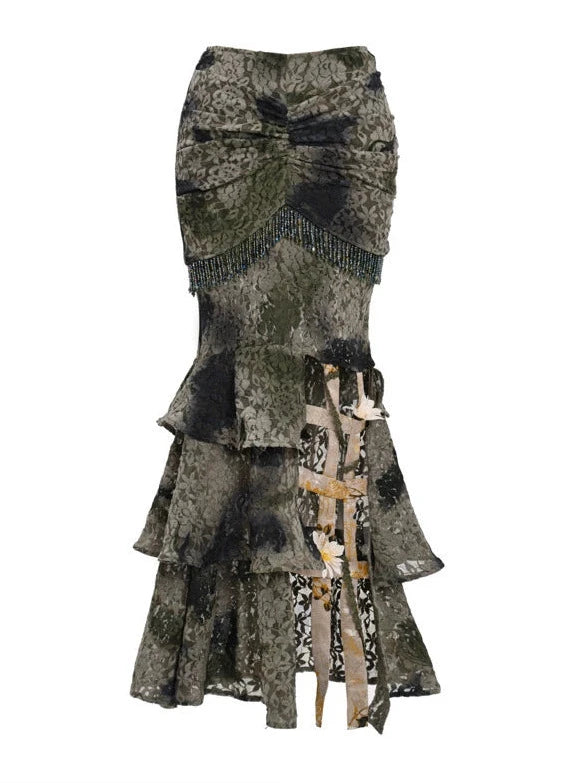 Dragon Festival China Tie-Dye Lace Slim Bird Gauge Skirt