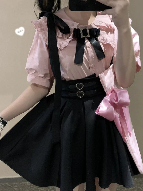 リボンショルダーレザーバックルサスペンダースカート【予約商品】