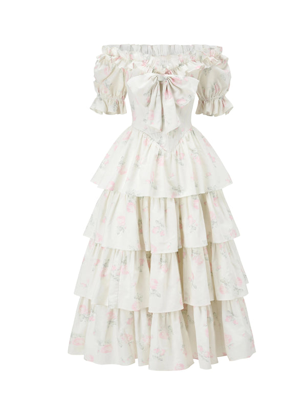 Retro Pink Flower Tiered Long Dress