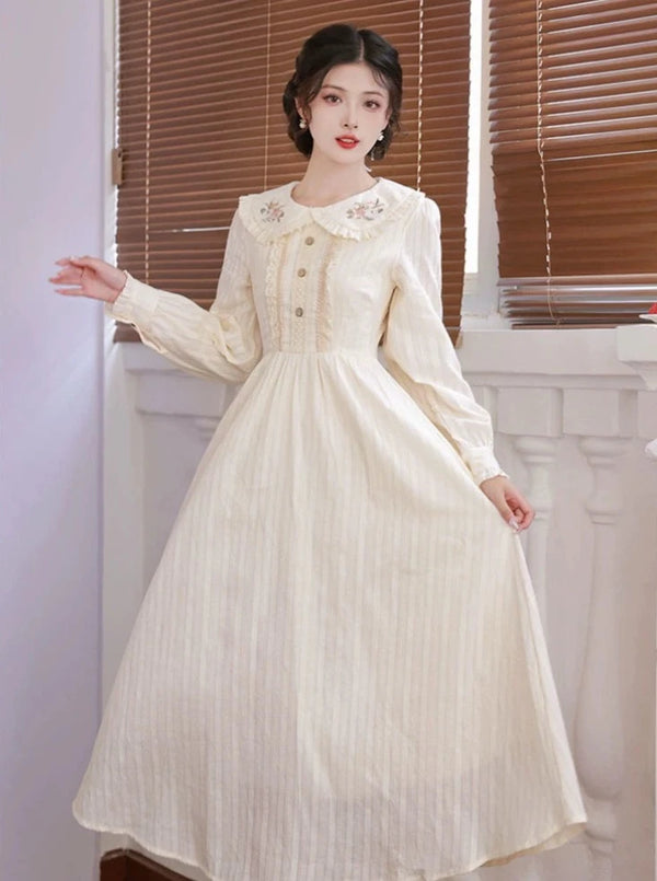 Retro Pure White Long Flared Dress