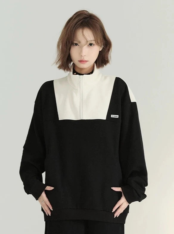 Contrast Color Half Zip Stand Collar Top