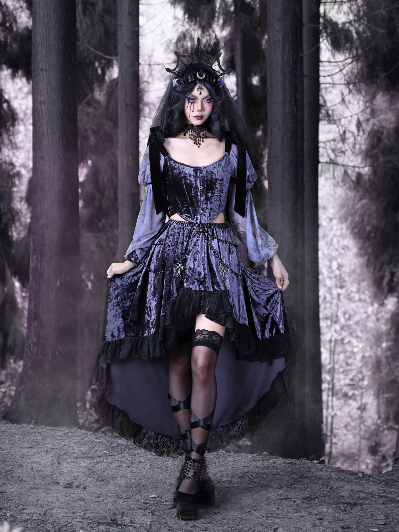 Luna Velvet Gothic Beaded Chain Trailing Lace Skirt