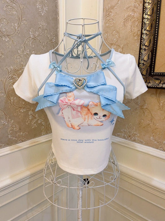 Girly bow diamond Showa cat print slim fit careful machine cross halterneck tie crop top T-shirt