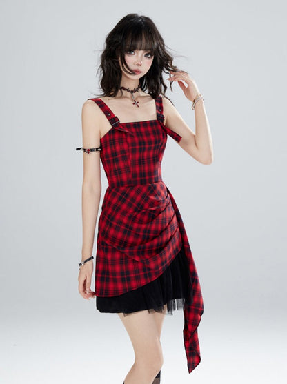 Retro Check Waist Slim Suspender Dress