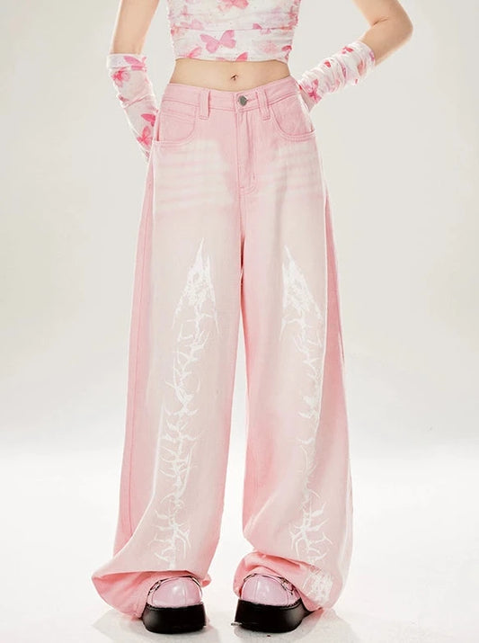 11SH97 Pink Straight Jeans Women's Summer Original Design Sense Dragon Year Elements Loose Wide-leg Mop Pants