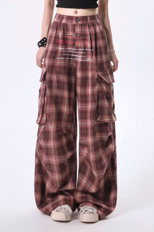 Draped Wide Leg Plaid Cargo Pants