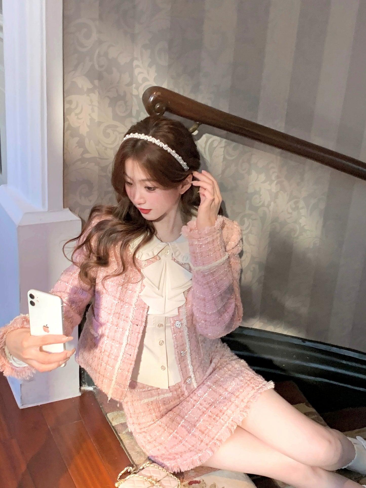 ピンクリトルフレグランスファーカラー+ショートジャケット+スカート ピンクリトルフレグランスファーカラー+ショートジャケット+スカート