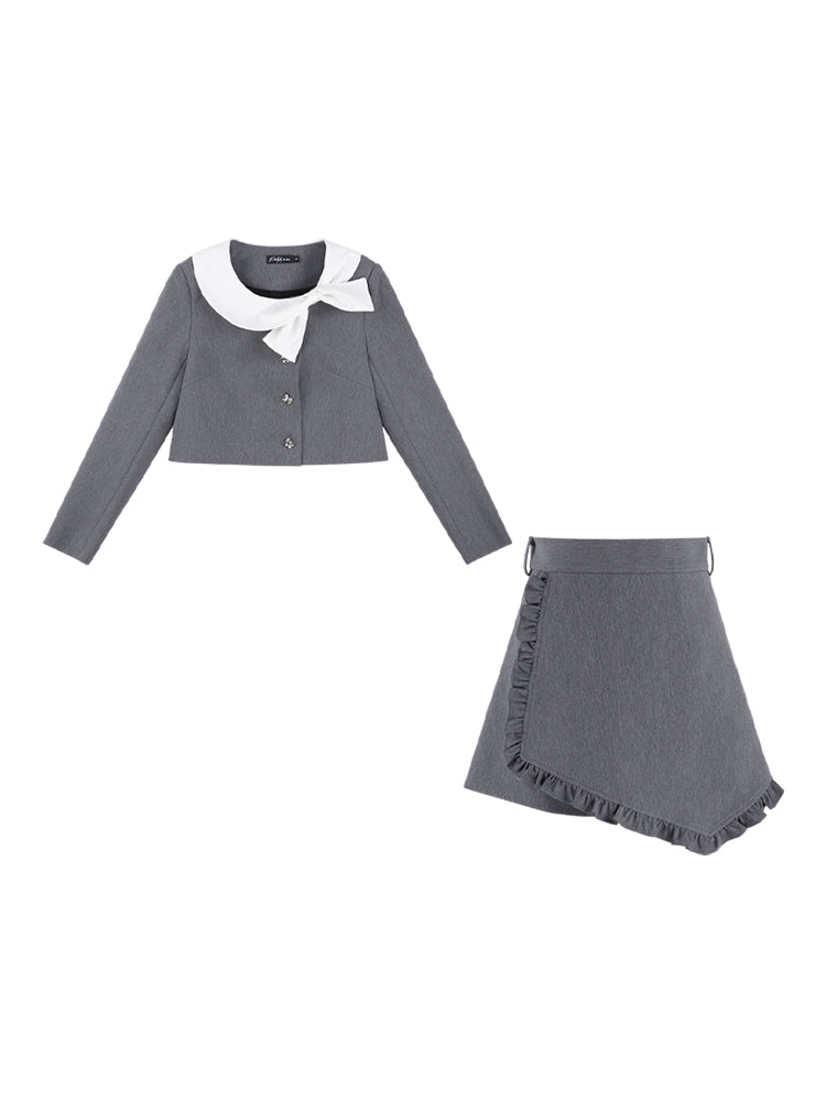 Gray Two Piece Short Coat Skirt Set