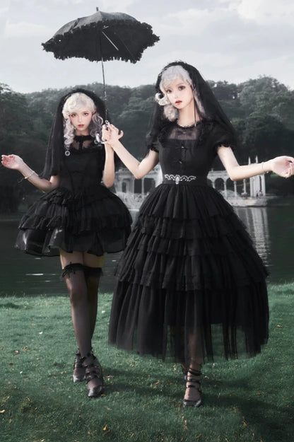 Dark Black Lolita Dress + Inner + Suspender Dress + Veil + Hairband + Belt + Sleeves