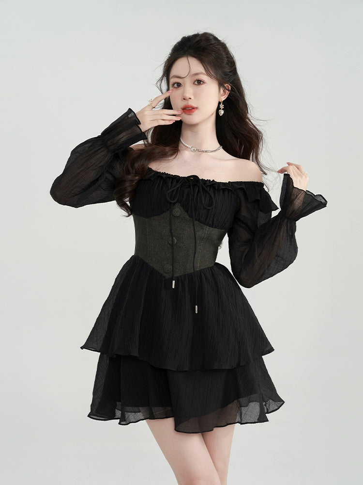 Ruffle Mesh Square Collar Black Dress