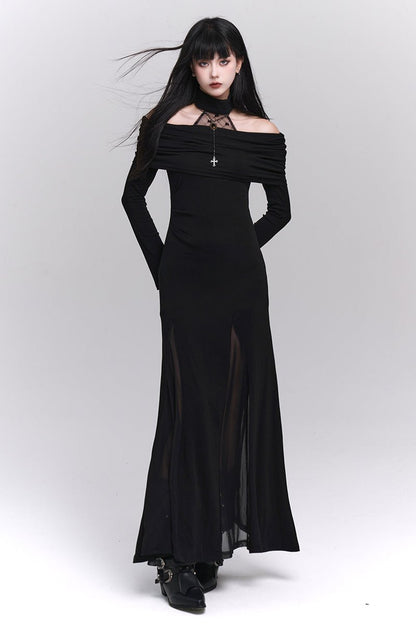 One-Shoulder Halter Neck Dark Dress